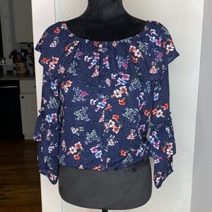 Sanctuary flowy sheer navy blue floral ruffle peasant top blouse shirt